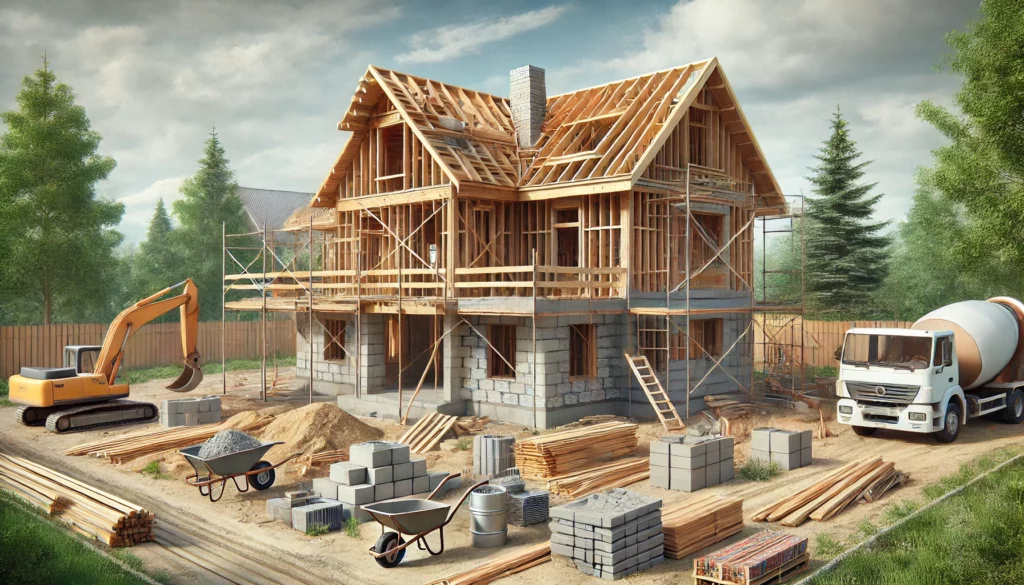 DALL·E 2024 11 22 11 35 59 A Realistic Scene Of A Single Family House Under Construction, Featuring Wooden Framing, Scaffolding, And Construction Materials Like Bricks, Concrete